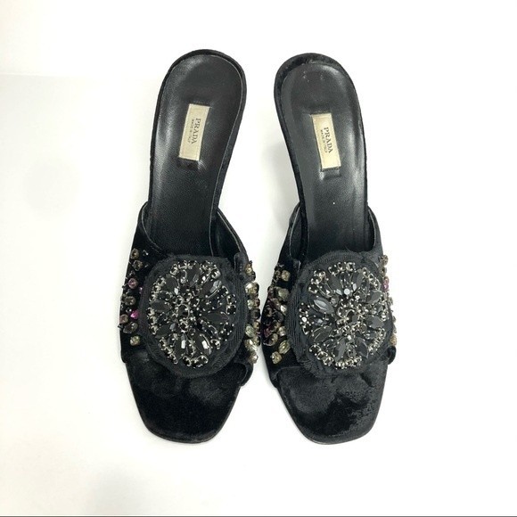 PRADA Velvet embelished heels Crystal Rhinestone curved heel 37.5 - Picture 3 of 16